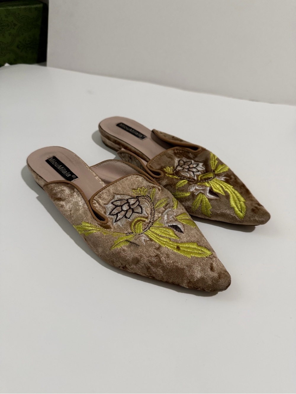 Embroidered Velvet Pointed Toe Backless Mules - Brown